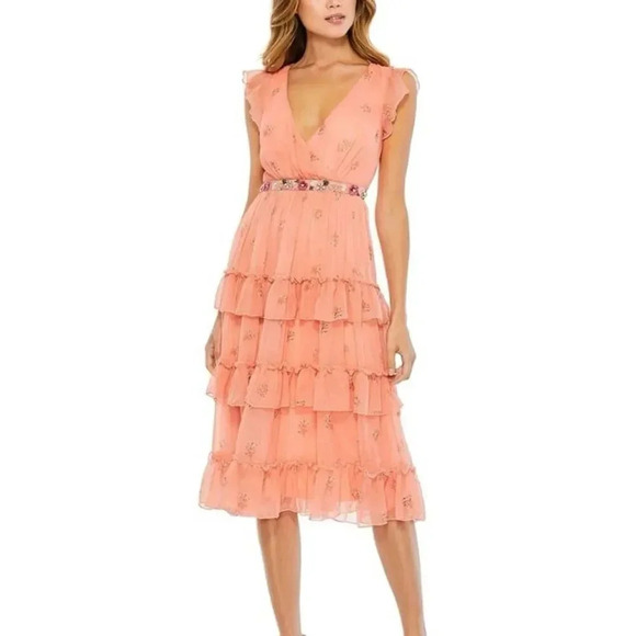 Mac Duggal Apricot Floral Print Ruffle Tiered Cottagecore Midi Dress 2 - Picture 1 of 5